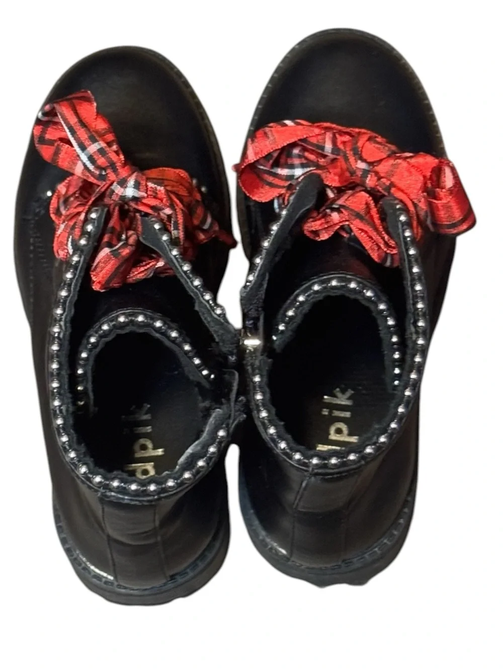kidpik Black Studded Combat Boots with Red Plaid Ribbon Laces Size 12